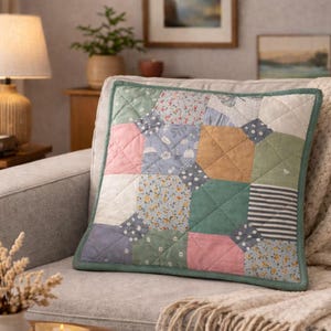 Funda de almohada de patchwork hecha a mano, cojín de algodón acolchado geométrico, decoración de estilo rústico.