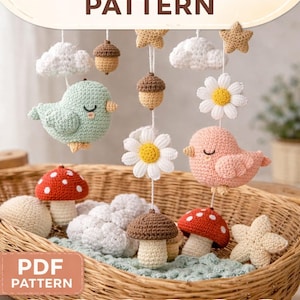 Woodland Crochet Baby Mobile Pattern | Birds, Clouds, Daisy, Mushroom (PDF Download)
