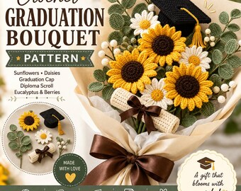 Haakpatroon voor een afstudeerboeket (PDF) | Boeket van zonnebloemen en madeliefjes | Amigurumi afstudeerhoed en diploma | DIY afstudeerboeket | Direct downloaden
