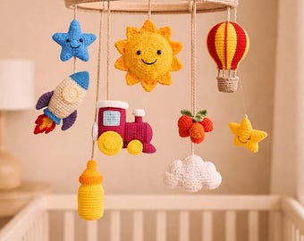 Crochet Baby Mobile Pattern – Sun, Rocket, Train, Hot Air Balloon (PDF Tutorial)