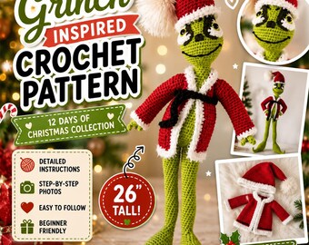 Grinch Inspired Crochet Doll Pattern, Santa Coat Hat, Amigurumi PDF (26" Tall)
