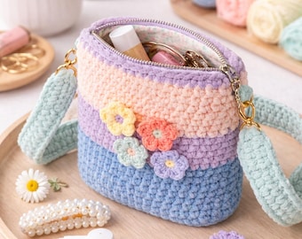 Crochet Zip Bag Pattern | Pastel Flower Pouch, Cosmetic Bag (Instant Download)