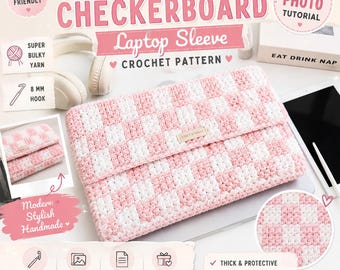 Chunky Checkerboard Crochet Laptop Sleeve Pattern PDF | Pink White Modern Protective Case (Digital Download)