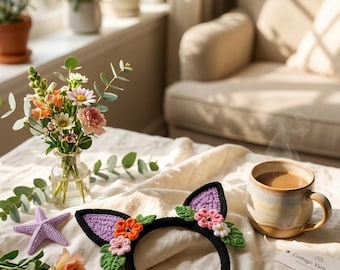 Floral Cat Ear Headband Crochet Pattern | Lavender, Flowers, Leaves (PDF Download)
