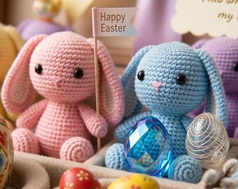 Handgemaakte gehaakte amigurumi konijn – pastelknuffel, kraamcadeau, paaspop