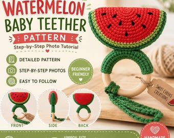 Watermelon Baby Teether Crochet Pattern PDF | Wooden Ring Teether | Summer Baby Toy | Amigurumi Watermelon Rattle | Instant Download