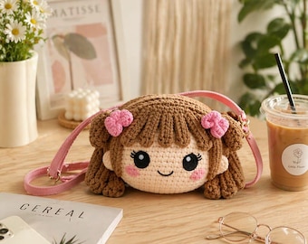Crochet Doll Face Bag Pattern | Amigurumi Purse, Kawaii Hair Bun (PDF Download)