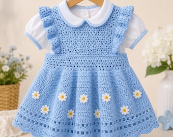 Light Blue Daisy Crochet Dress Pattern, Baby Girl Sundress (PDF)