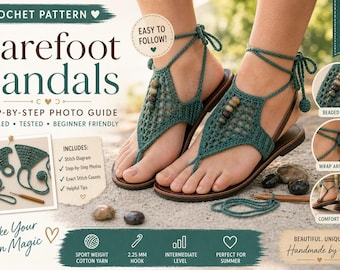 Crochet Barefoot Sandals Pattern with Sole | Beaded Mesh Wrap Sandals PDF | Instant PDF Download