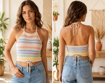 Pastel Stripe Halter Top Crochet Pattern | Boho Summer Crop Tank (PDF Download)
