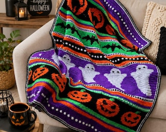 Halloween Crochet Blanket Pattern, Ghosts, Pumpkins, Bats (Digital Download)