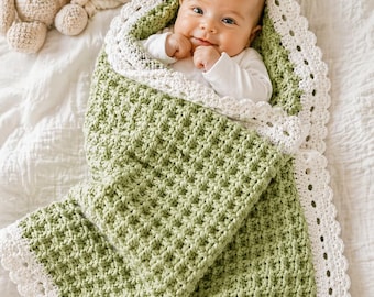 Textured Crochet Baby Blanket Pattern | Sage Green Grid Stitch, Eyelet Scallop Border (PDF Download)
