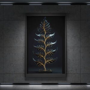 Puede incluir: Obra de arte enmarcada con un diseño de planta estilizada e iluminada. La obra presenta un fondo oscuro con una estructura de planta central de aspecto metálico. La planta tiene un núcleo dorado y brillante y elementos oscuros en forma de hoja.