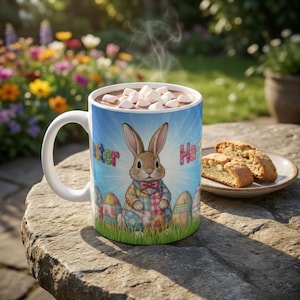 Könnte beinhalten: Weiße Keramiktasse mit einem farbenfrohen Osterdesign. Die Tasse zeigt einen Cartoon-Hasen mit Fliege, die Worte "Happy Easter" und dekorative Eier. Die Tasse ist mit heißer Schokolade und Marshmallows gefüllt. Zwei Biscotti-Kekse liegen auf einem kleinen Teller.