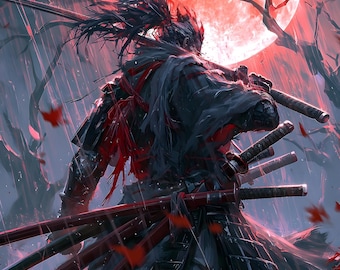 Samurai Wall Art Crimson Moon Ronin Japanese Gothic Rainy Forest Printable Digital Download