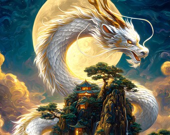 White Chinese Dragon Wall Art Lunar Oil Painting Oriental Mountain Printable Digital Download Decor