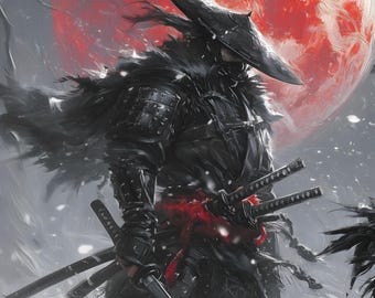 Samurai Wall Art Blood Moon Warrior Japanese Gothic Snow Printable Digital Download