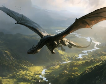 Majestuoso dragón negro volando por un valle de montaña. Lámina artística de fantasía oscura para decoración de pared.