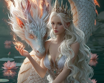 Arte mural celestial elegante de fantasía con la diosa dragón blanco y el loto, descarga digital imprimible para decoración de lujo.