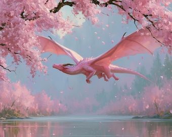 Decoración de pared con dragón en flor de cerezo, fantasía rosa, imprimible, decoración floral, descarga digital, regalo