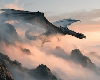 Decoración de pared con majestuoso dragón, niebla de montaña, puesta de sol, paisaje fantástico, descarga digital de lujo.
