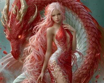 Princesa Dragón de Fantasía Roja Elegante Arte de Pared Celestial Carmesí Lujoso Imprimible Descarga Decoración