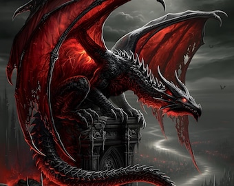 Dragón negro, castillo gótico, alas carmesí, luna, fantasía, arte mural imprimible, descarga digital