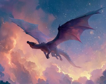 Decoración de pared digital para imprimir con temática de cielo fantástico y de ensueño: Dragón Celestial.
