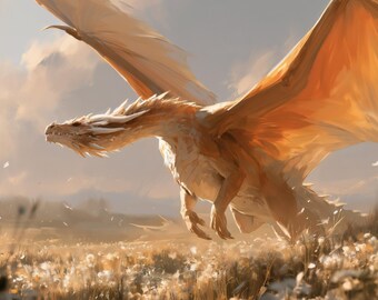Póster decorativo de pared con lámina artística de dragón dorado volando sobre un prado de flores amarillas de fantasía.