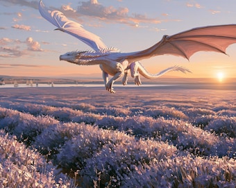 Póster de lujo imprimible para decoración de pared con diseño de dragón fantástico, atardecer en campo de flores silvestres. Descarga digital.