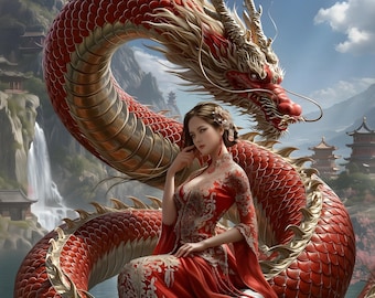 Dragón chino, dama elegante, rojo, lujo, fantasía oriental, arte mural imprimible, descarga digital