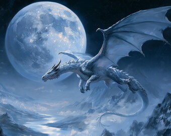 Dragón lunar imprimible, arte mural de fantasía, hielo, descarga digital, decoración gótica, paisaje lunar plateado