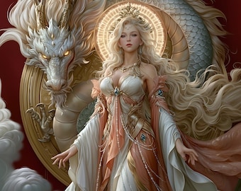 Decoración de pared Dragón Blanco Diosa Celestial Lujo Fantasía Imprimible Descarga Digital Elegante Regalo