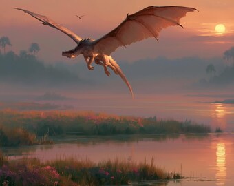 Arte mural de dragón, amanecer en el lago, fantasía, pintura de paisaje imprimible, descarga digital, decoración elegante