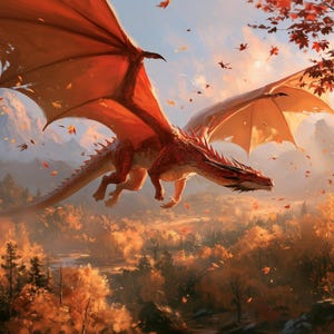 May include: A large red dragon with expansive wings flying through the air. The dragon has a long tail, sharp spikes along its back, and scales in shades of orange and crimson. It is surrounded by falling autumn leaves in a forest landscape.