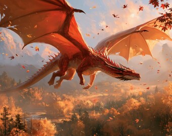 Arte mural de dragón otoñal, paisaje fantástico ardiente, decoración imprimible de lujo, descarga digital, obra de arte de la naturaleza.