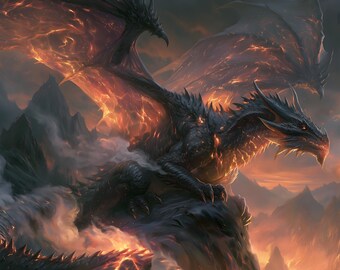 Decoración mural de dragón negro, volcán fundido, fantasía, imprimible, descarga digital, obra maestra de lujo