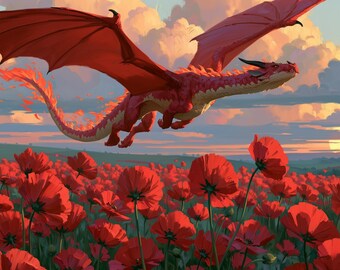 Arte mural de fantasía con dragón rojo al atardecer y campo de amapolas, pintura imprimible, descarga digital, decoración de lujo.