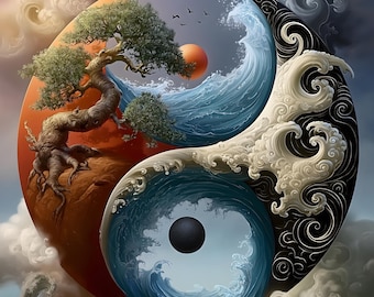 Yin Yang Wand Kunst Ozean Bonsai Luxus Zen druckbare digitale Download Gleichgewicht Natur Dekor