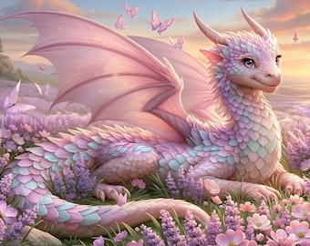 Decoración mural de dragones en tonos pastel, jardín de lavanda de fantasía encantada, estilo Fairycore, elegante descarga digital imprimible.
