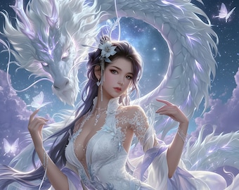 Princesa Dragón Blanco Celestial Mariposa Fantasía Etérea Arte de Pared Imprimible Descarga Digital Lujoso