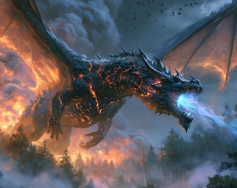 Arte mural de dragón negro, tormenta de fuego, fantasía, decoración imprimible, descarga digital, obra de arte épica