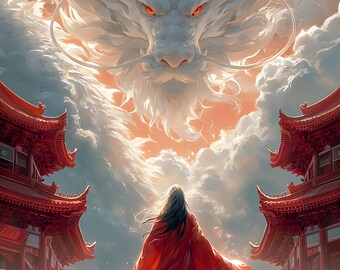 Dragón Blanco Guardián del Templo Celestial Fantasía Asiática Lujosa Lámina Decorativa para Pared (Descarga Digital)