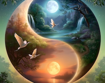Yin Yang Wall Art Moonlit Forest Waterfall Cranes Luxury Printable Download Nature Spiritual Decor