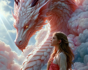 Dragón Blanco Guardián Celestial Fantasía Arte Mural Imprimible Descarga Digital Decoración Celestial Paisaje de Nubes Elegante