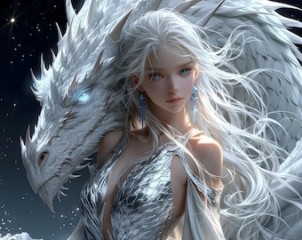 Princesa Dragón Blanco Celestial Plateada Fantasía Elegante Luz de Luna Arte de Pared Imprimible Descarga Digital