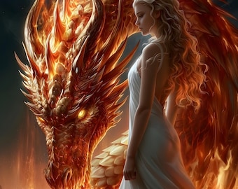 Dragón de Fuego Celestial Guardián de Lava Fantasía Dorada Lujoso Arte de Pared Imprimible Descarga Digital