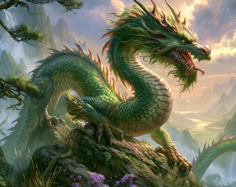 Decoración de pared con diseño de dragón esmeralda, paisaje de montaña de lujo, estilo Feng Shui, descarga digital imprimible.