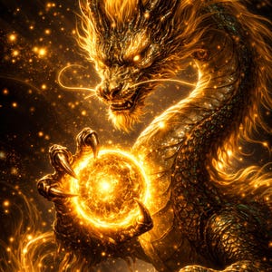 Fire Dragon Wall Art Glowing Energy Orb Golden Chinese Style Printable Digital Download