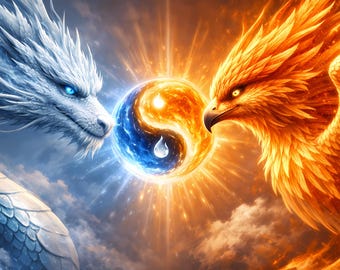 Dragon Phoenix Wall Art Yin Yang Balance Fire Ice Fantasy Printable ...